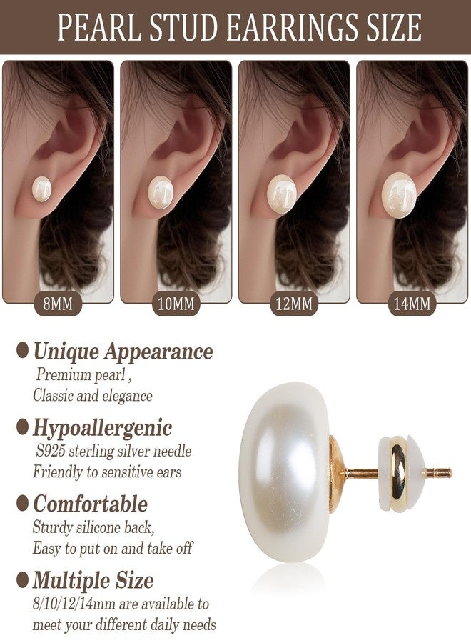 Sanglarst Pearl Stud Earrings 14K Plated Gold Sterling Silver Hypoallergenic Earring Stud Flat Round Large Size Simulated Pearl Earrings for Women (12mm) - Image 2